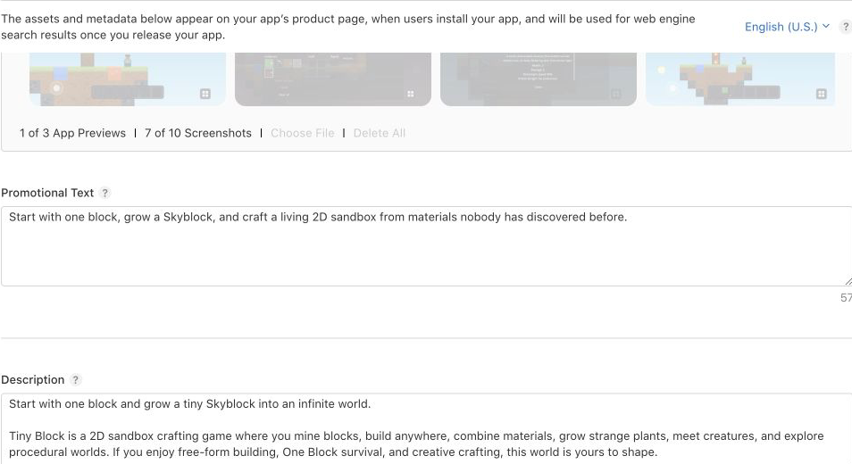 App Store Connect fields for screenshots, promotional text and description