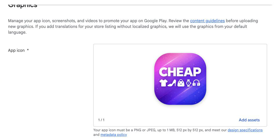 Google Play Console app icon requirement inside the default store listing
